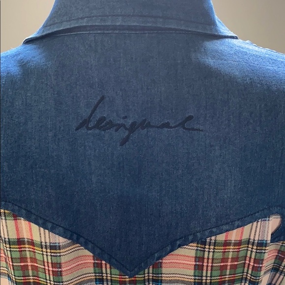 Desigual Embroidered Plaid & Denim Button Up Shirt - Picture 3 of 8